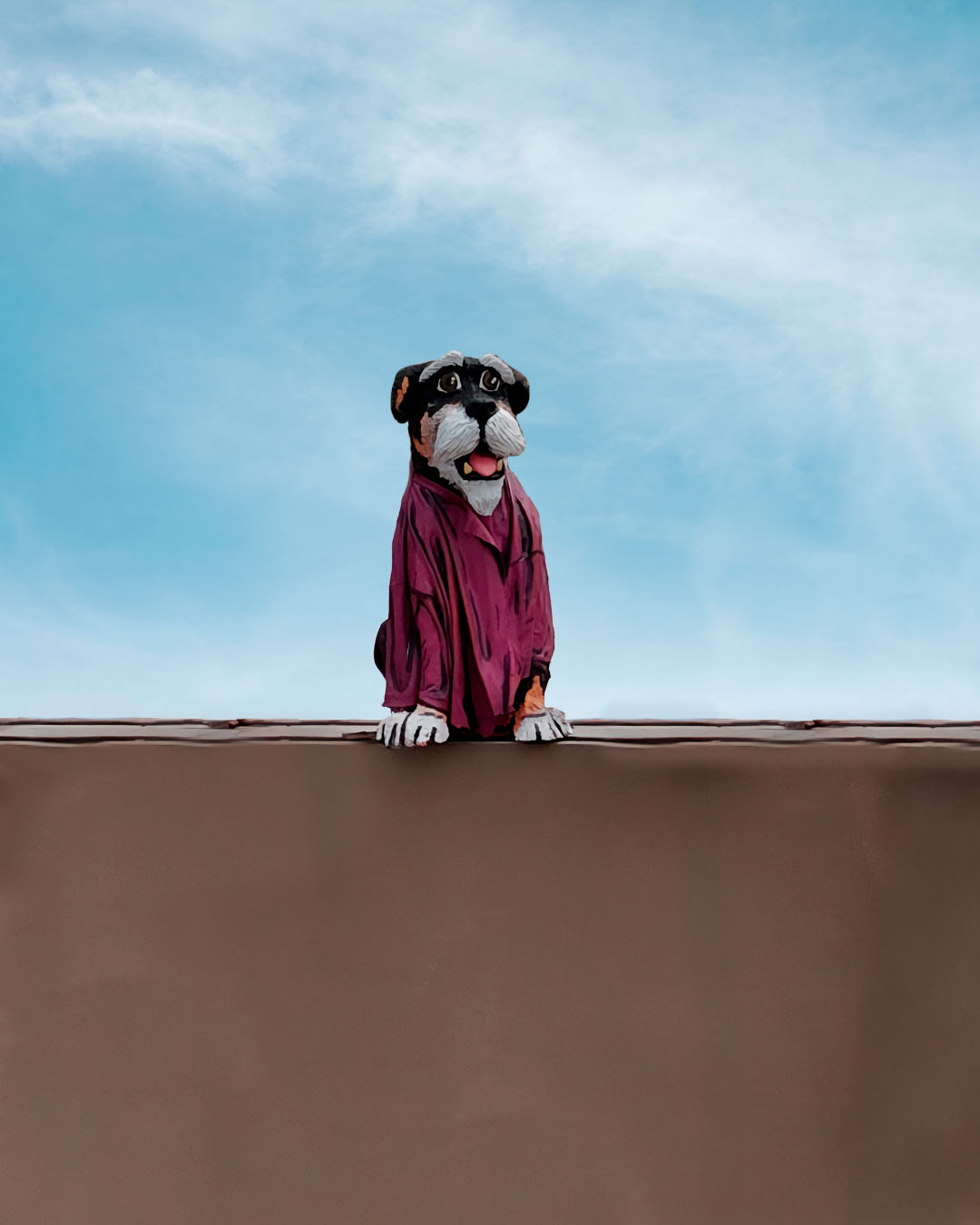 Escultura de un perro con pelaje negro con blanco, la cual fue usada para decorar la fachada de Valparaíso Servicios Funerarios.