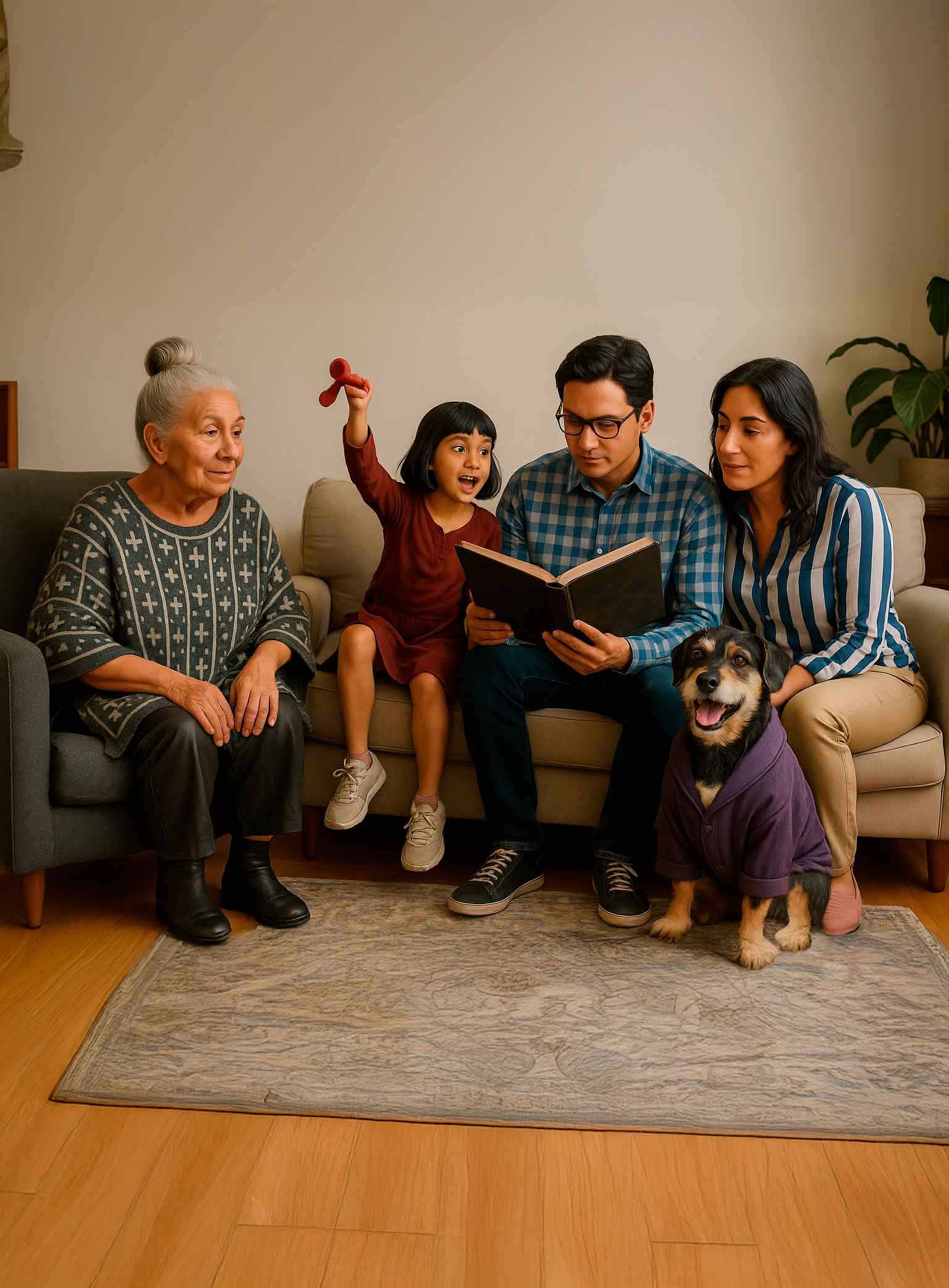Familia en su hogar, sentados en un sillón en su sala; la familia cuenta con 4 integrantes y una mascota que es un perro. Los miembros son padre, madre, hija y abuela.