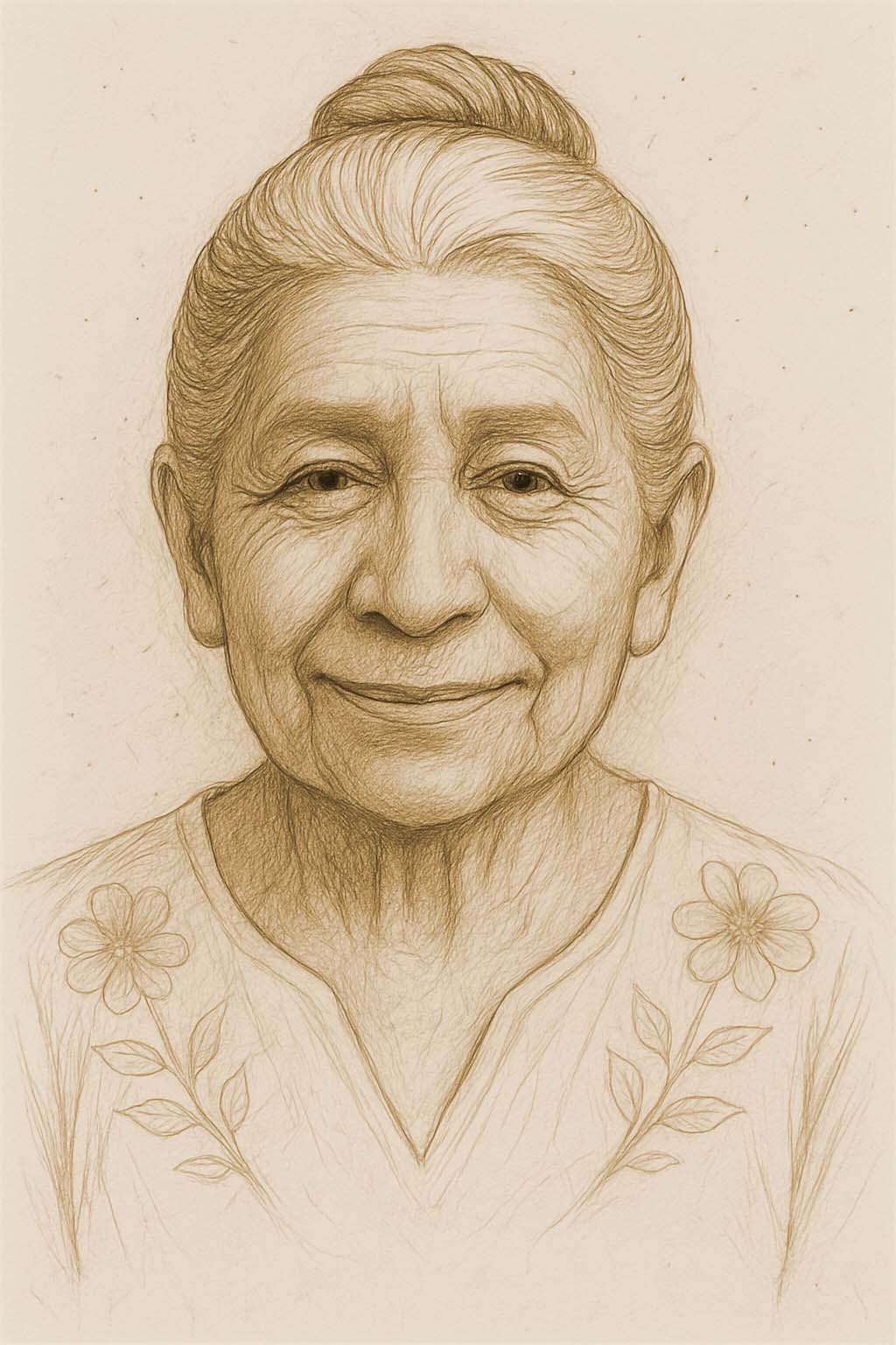 Retrato digital de una abuelita con rasgos mexicanos, la cual fue usada como referencia para crear una escultura para decorar la fachada de Valparaíso Servicios Funerarios.