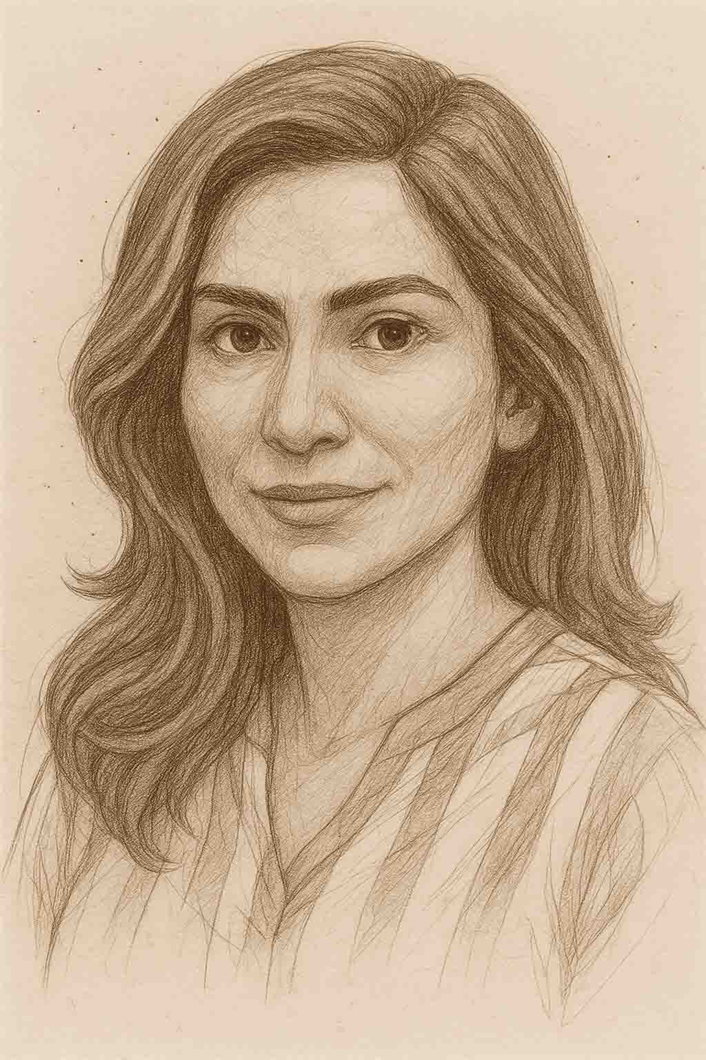 Retrato digital de una mujer adulta con rasgos mexicanos, la cual fue usada como referencia para crear una escultura para decorar la fachada de Valparaíso Servicios Funerarios.