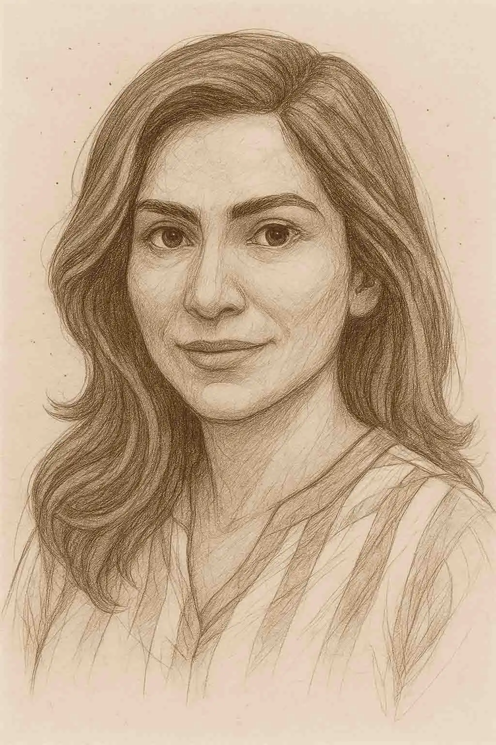 Retrato digital de una mujer adulta con rasgos mexicanos, la cual fue usada como referencia para crear una escultura para decorar la fachada de Valparaíso Servicios Funerarios.