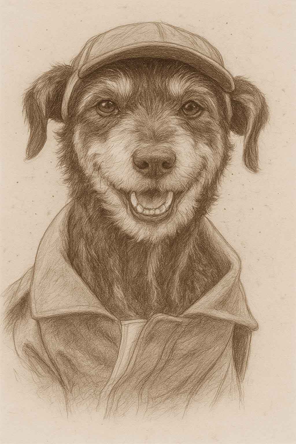 Retrato digital de un perro con pelaje negro con blanco, el cual fue usado como referencia para crear una escultura para decorar la fachada de Valparaíso Servicios Funerarios.