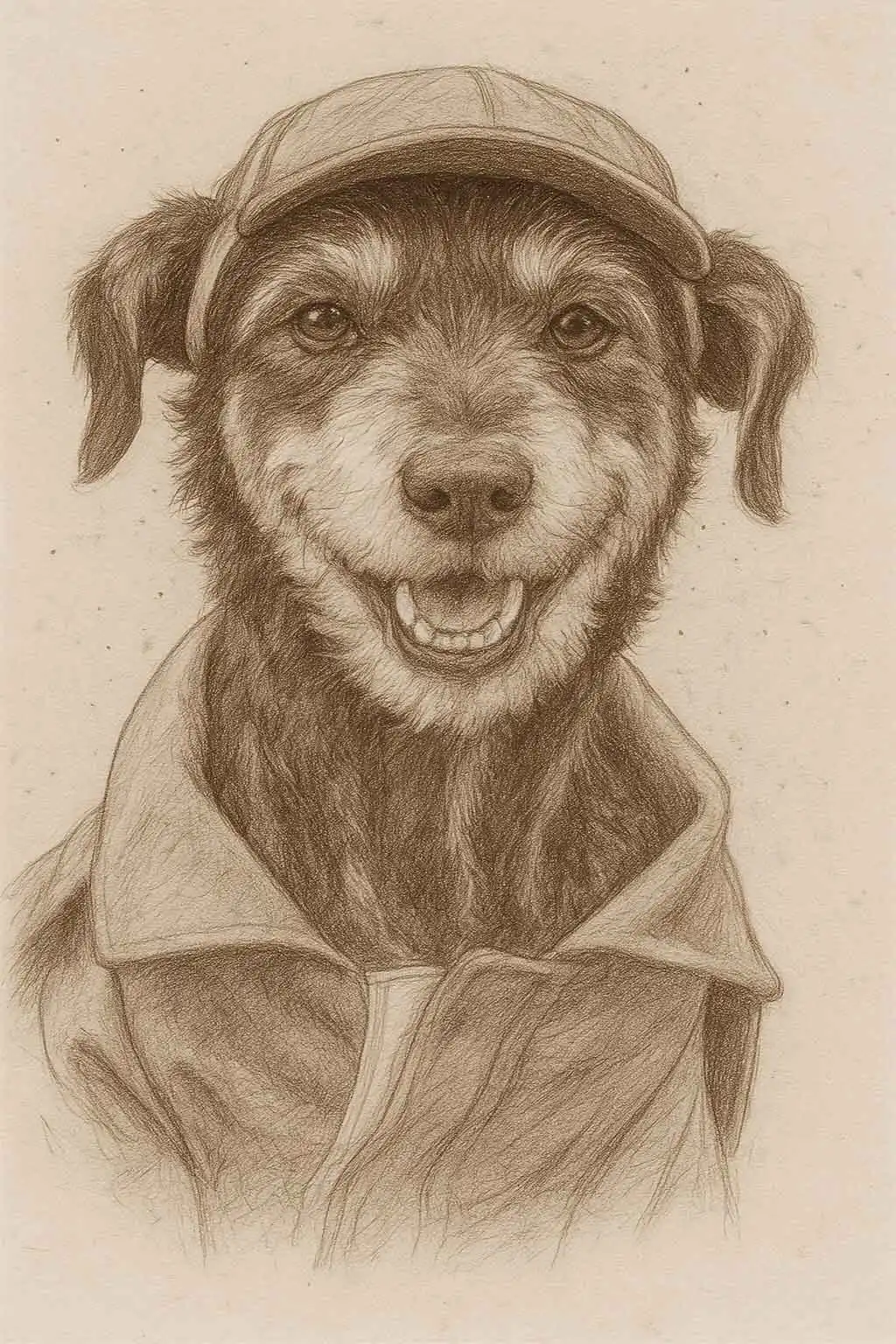 Retrato digital de un perro con pelaje negro con blanco, el cual fue usado como referencia para crear una escultura para decorar la fachada de Valparaíso Servicios Funerarios.