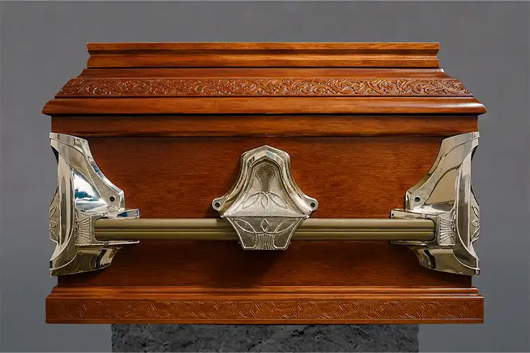 Detalle frontal de ataúd de madera con asas metálicas ornamentales, utilizado en servicios funerarios Preferente de Funeraria Valparaíso.