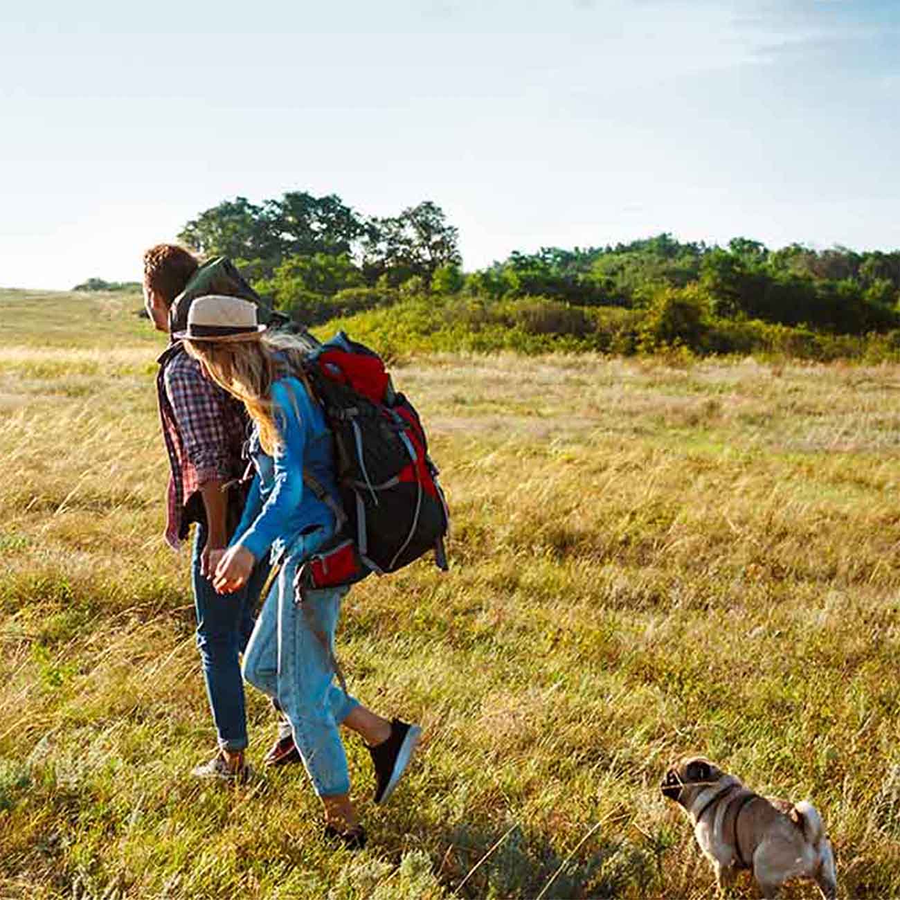 Pareja de viajeros caminando en una pradera.