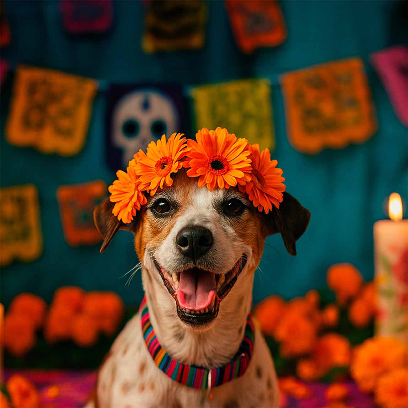 Perro al frente de un altar para la celebración del Día de Muertos en México; tiene flores en su cabeza de color naranja; la ofrenda está formada por flores, papel decorativo y velas.
