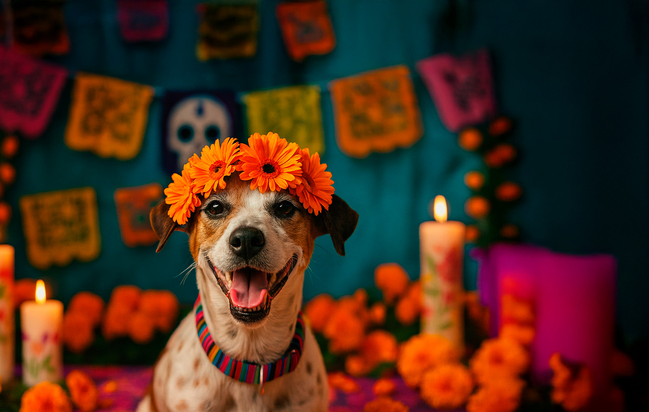 Perro al frente de un altar para la celebración del Día de Muertos en México; tiene flores en su cabeza de color naranja; la ofrenda está formada por flores, papel decorativo y velas.