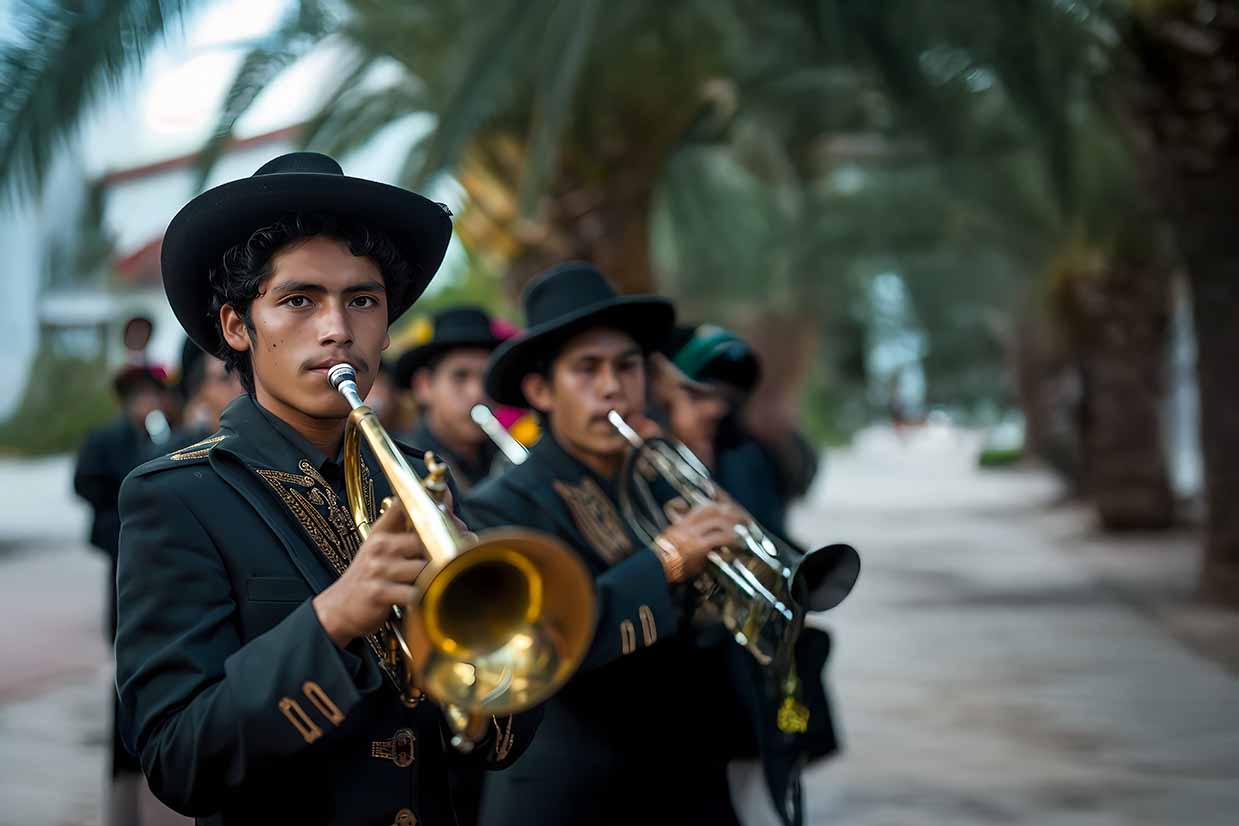 Grupo de Mariachis tocando sus instrumentos muscicales, se encuentran en un jardín con grandes palmeras.