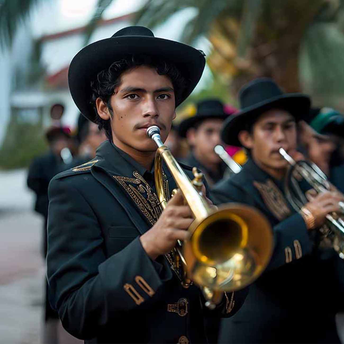 Grupo de Mariachis tocando sus instrumentos muscicales, se encuentran en un jardín con grandes palmeras.