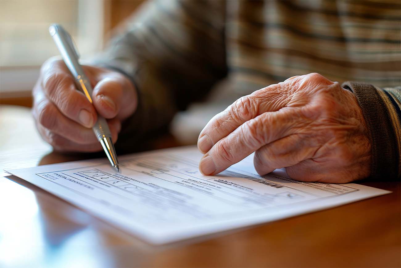 Persona de edad avanzada firmando un documento.
